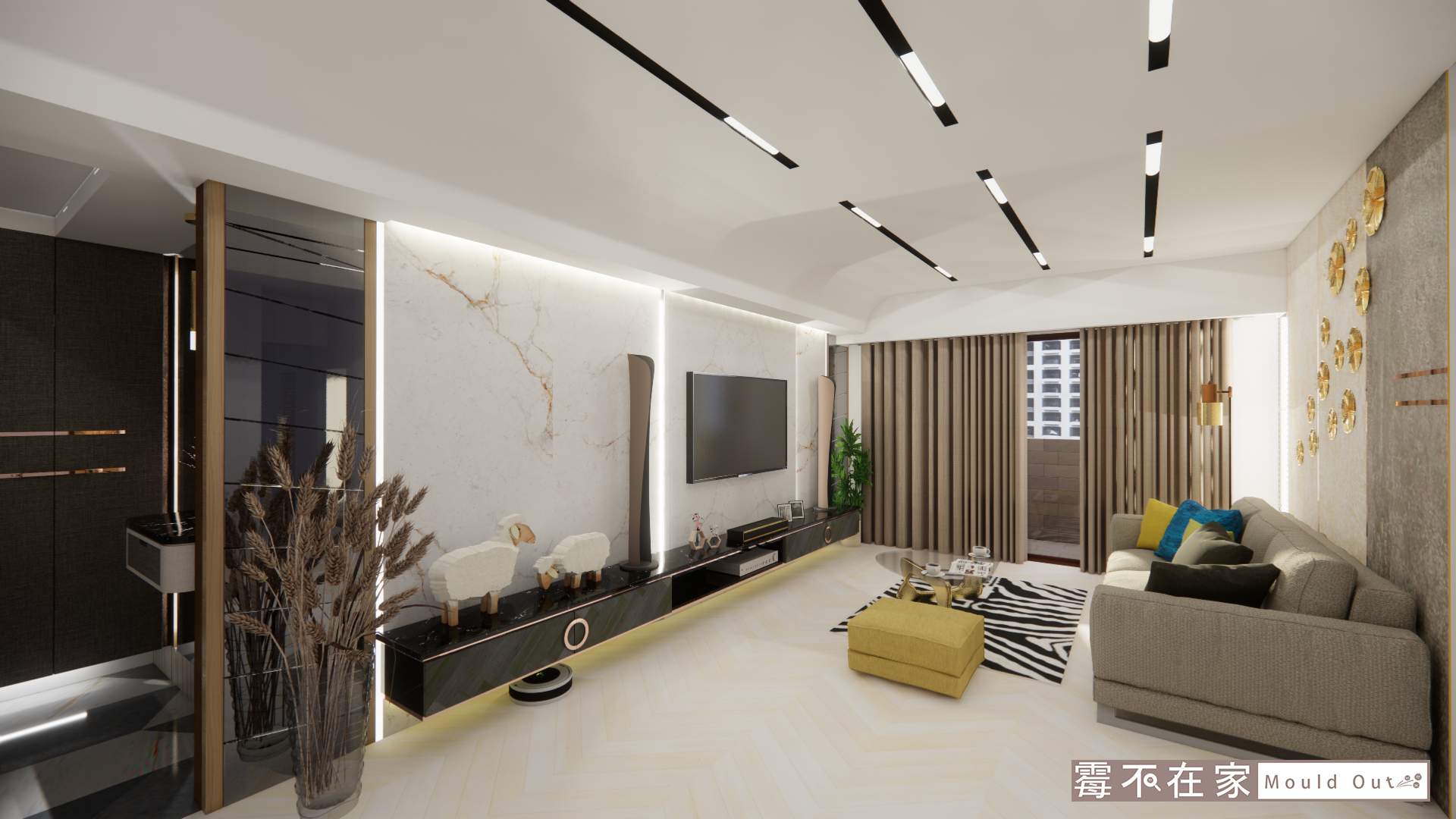 美麗與無霉居家一次到位：客廳現代輕奢風設計，隱形除濕防潮系統電視櫃規劃範例。