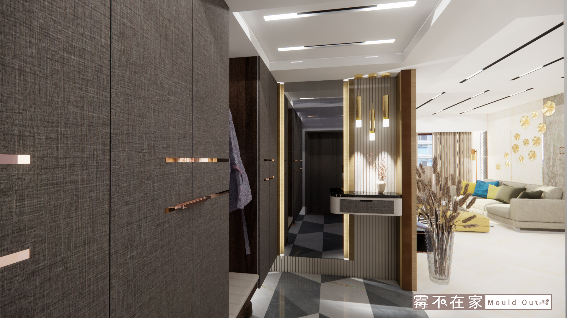 美麗與無霉居家一次到位：玄關至客廳的全屋結構性防潮規劃，展示隱形除濕系統櫃與無霉健康裝修的動線整合。
